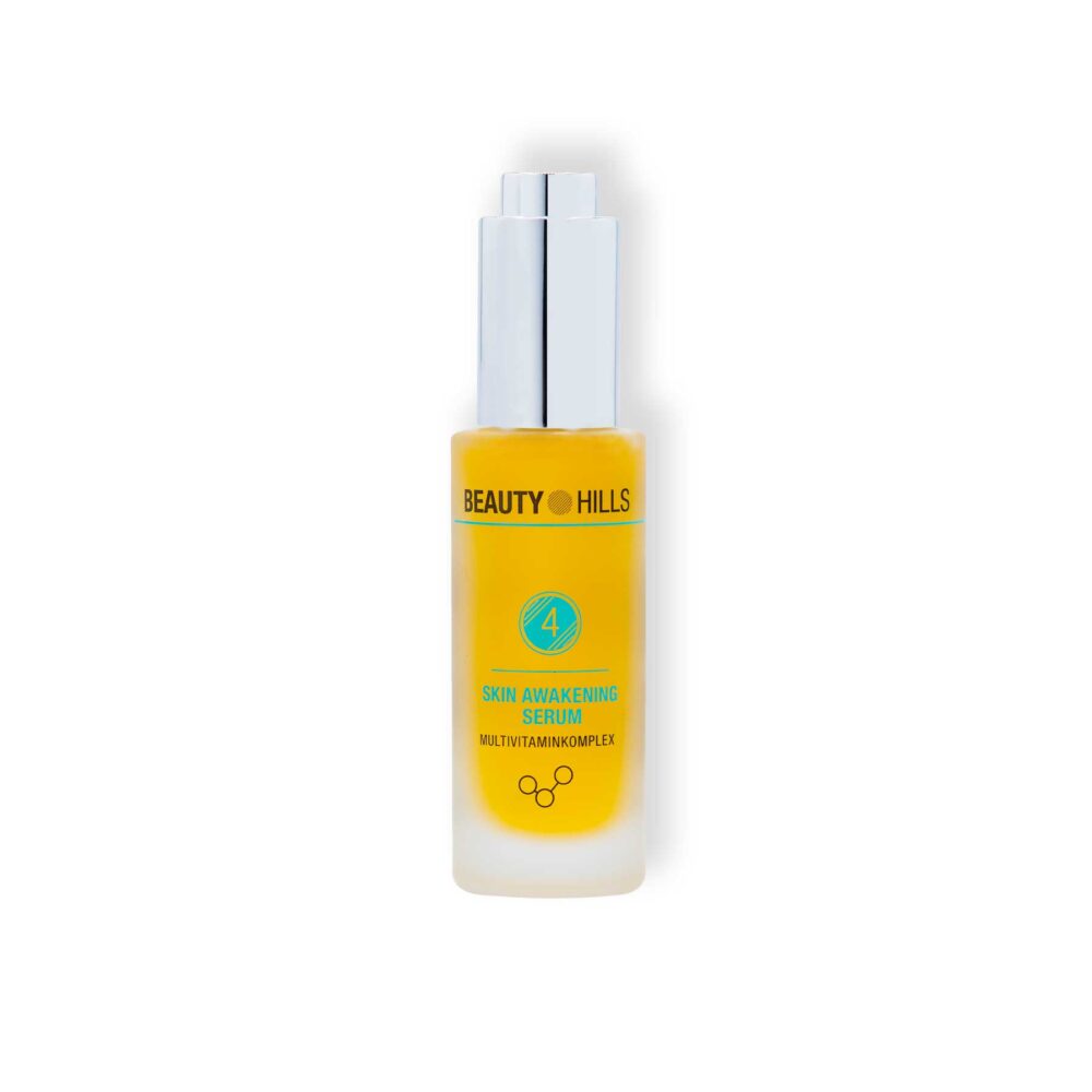 Our Skin Awakening Serum in a small bottle with a dropper